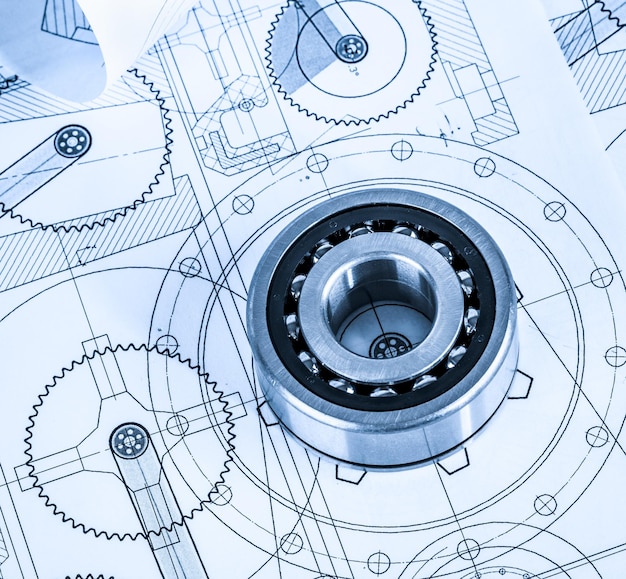 Photo technical drawings with the bearing in a blue toning