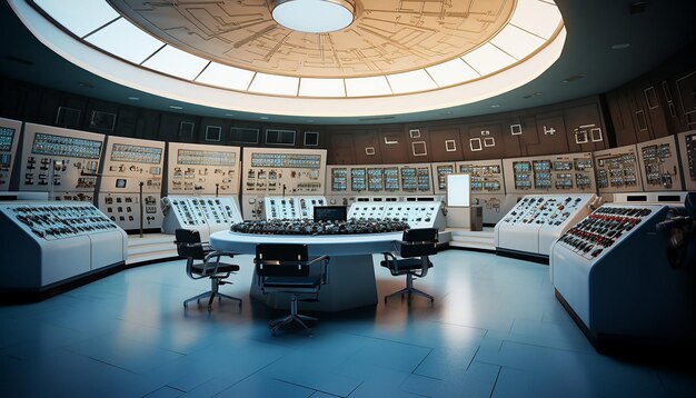 Photo technical hall of nuclear power plant with nuclear reactor control panel