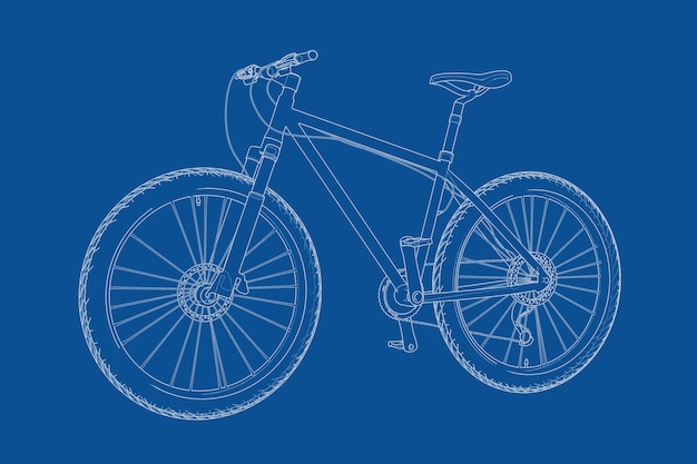 Foto illustrazione tecnica del modello di bicicletta in stile wireframe su sfondo blu. rendering 3d