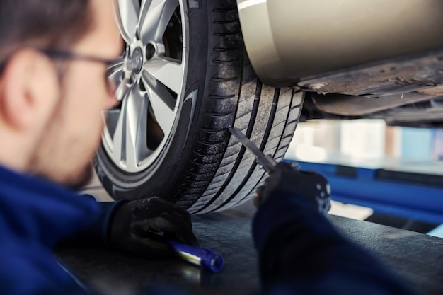 Technical inspection of the car checking the tires