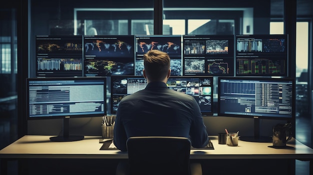 technical operator employee working with multiple computer monitors displays in system control room