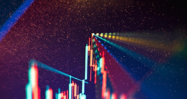 사진 파란색 테마 화면 시장 변동성 상승 및 하락 추세에 대한 기술 가격 그래프 및 표시기 빨간색 및 녹색 촛대 차트 주식 거래 암호화 통화 배경