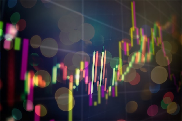 Grafico e indicatore del prezzo tecnico, grafico a candele rosso e verde sullo schermo del tema blu, volatilità del mercato, tendenza al rialzo e al ribasso. commercio di azioni, sfondo di criptovaluta.