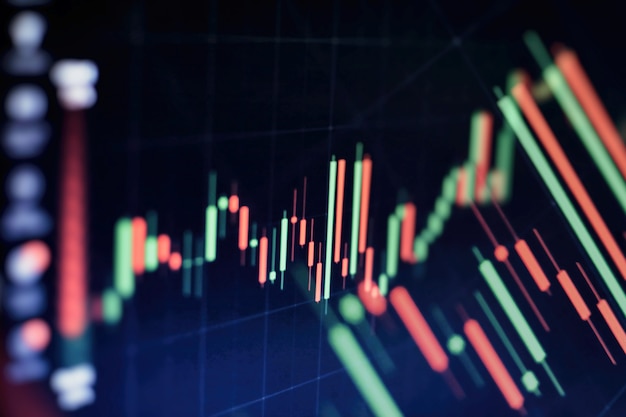 Technical price graph and indicator, red and green candlestick chart on blue theme screen, market volatility, up and down trend. Stock trading, crypto currency background.