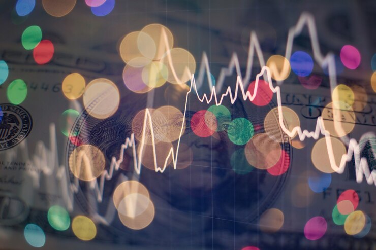 Photo technical price graph and indicator, red and green candlestick chart on blue theme screen, market volatility, up and down trend. stock trading, crypto currency background.