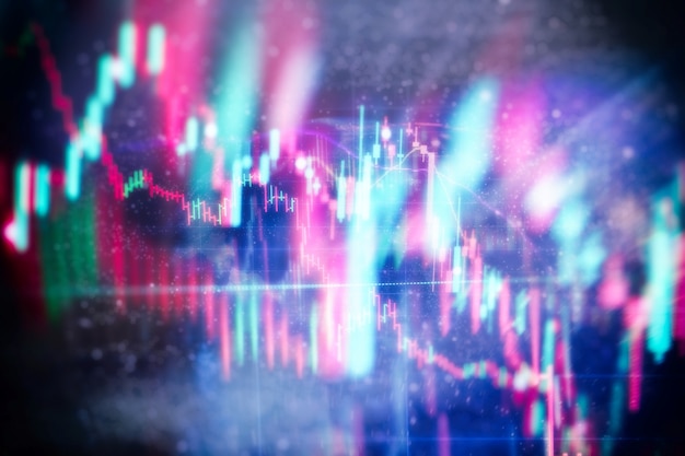 Grafico e indicatore del prezzo tecnico, grafico a candele rosso e verde sullo schermo del tema blu, volatilità del mercato, tendenza al rialzo e al ribasso. commercio di azioni, sfondo di criptovaluta.