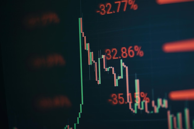 Grafico e indicatore del prezzo tecnico, grafico a candela rosso e verde sullo schermo a tema blu, volatilità del mercato, trend al rialzo e al ribasso. trading di azioni, sfondo di criptovaluta.