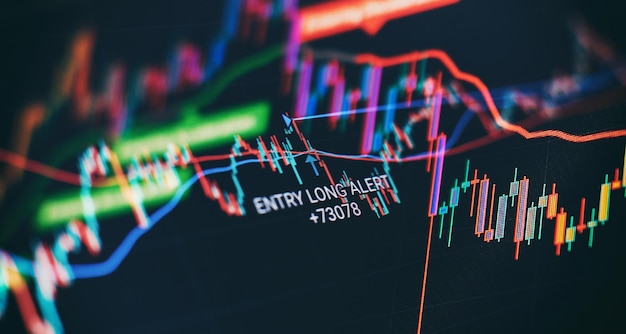 Technical price graph and indicator red and green candlestick
chart on blue theme screen market volatility up and down trend
stock trading crypto currency background