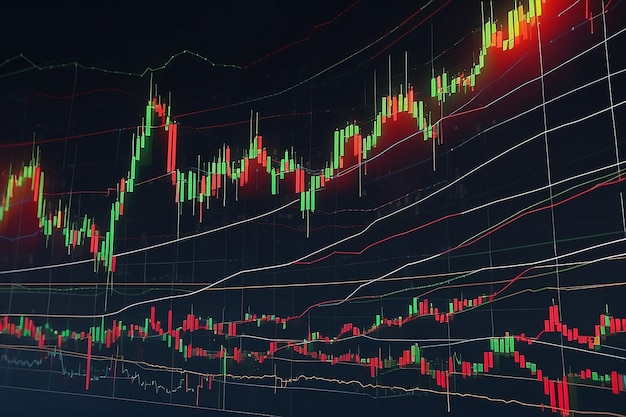 Photo technical price graph and indicator red and green candlestick chart on blue theme screen