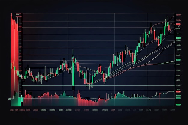 Technical price graph and indicator red and green candlestick chart on blue theme screen