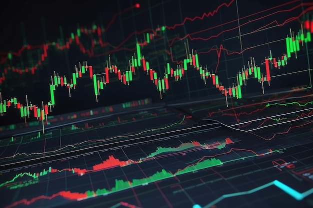 Technical price graph and indicator red and green candlestick chart on blue theme screen