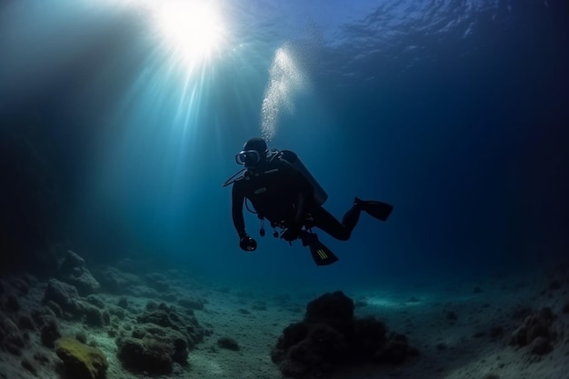 Technical scuba diver in a horizontal position with sun rays blue background high quality photo