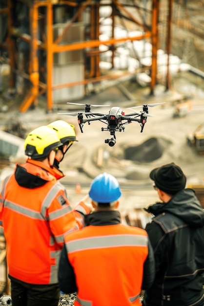 Foto la squadra tecnica gestisce i droni sopra il sito industriale. rapporti di ispezione dettagliati per garantire la sicurezza.