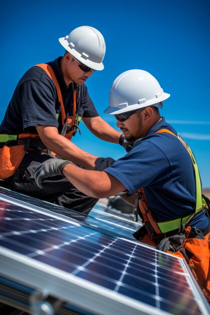 technici die zonnepanelen installeren op een AI-generatief dak