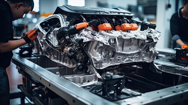 Technici in een auto-montagefabriek installeren motoren en lassen vonken voor auto's op de productielijn in de fabriek