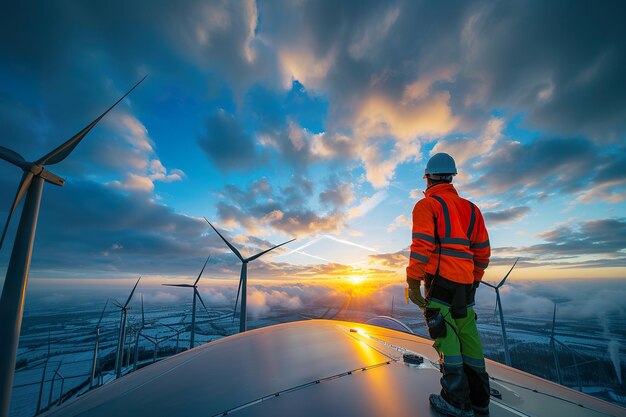 Technici van windparken evalueren de werking van turbinesxEen concept voor schone energie