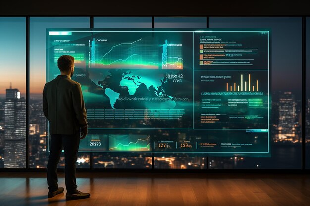 Technician analyzing server performance metrics on a large screen