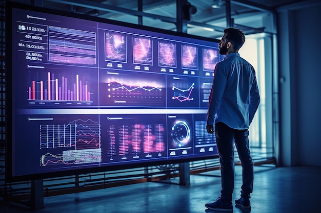 Technician analyzing server performance metrics on a large screen