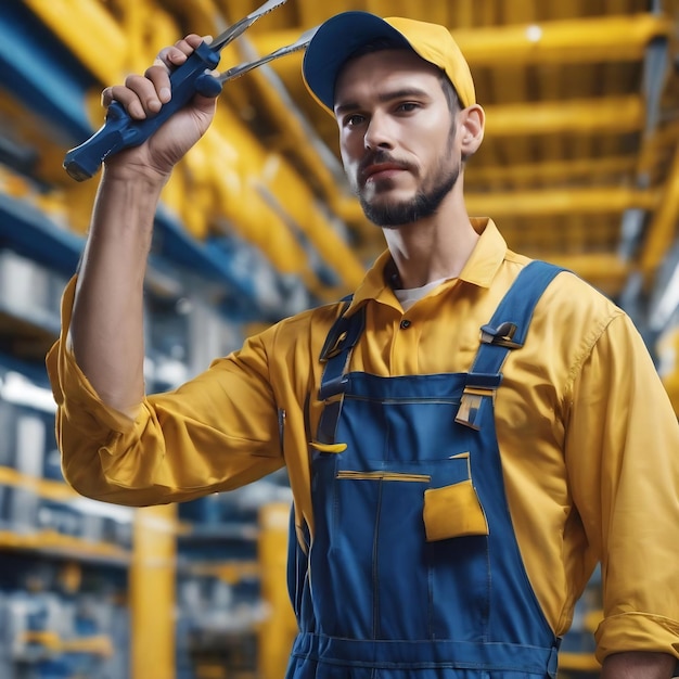 Technician in blue jumpsuit with tools on yellow raising fist after a victory winner concept