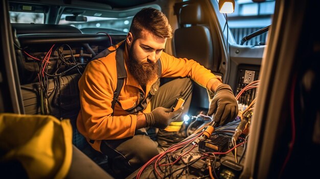 Foto un tecnico controlla il sistema elettrico all'interno dell'auto