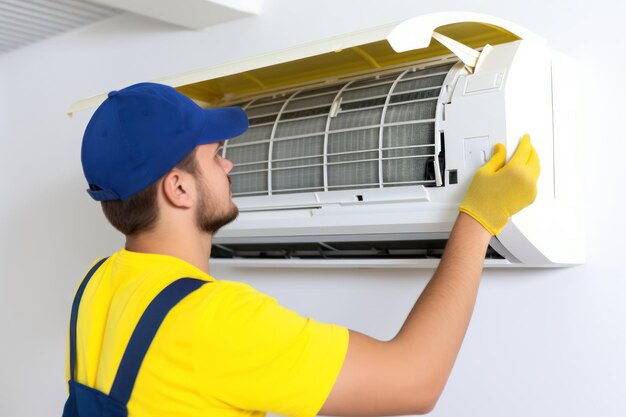 Technician checking and changing the filters of a air conditioning split generative AI