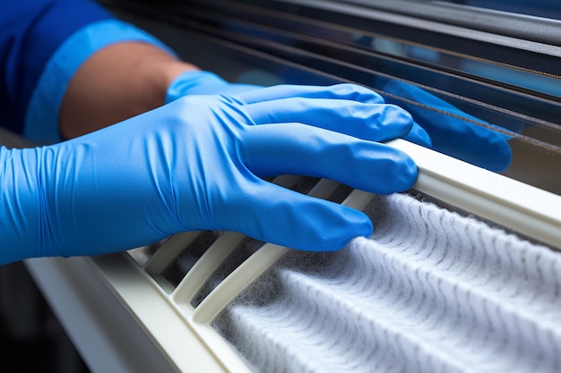 Technician cleaning air conditioner filter