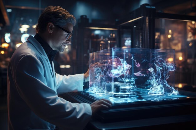 Technician doctor in laboratory with hologram interface Generative AI