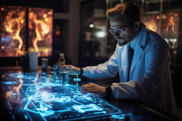 Technician doctor in laboratory with hologram interface generative ai