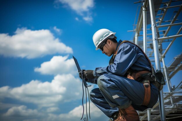 Technician engineer checks the maintenance of the solar cell panels