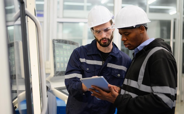 Technician engineer team checking and repairing part of automatic machine