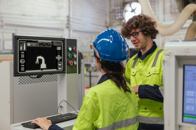 Technician engineer training tralking together worker technician team control operate industry robot arm computer machine