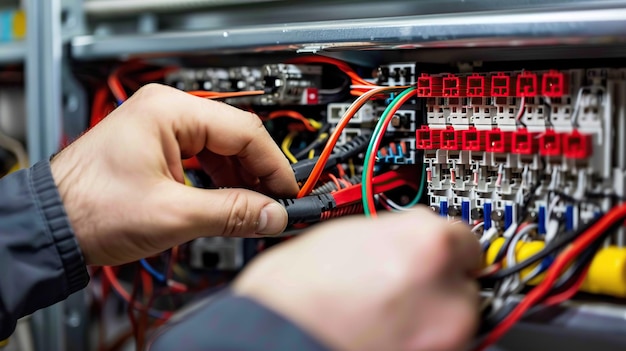 Photo technician expertly wiring electrical panel