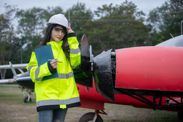 航空機のエンジンを修理する技術者女性の航空宇宙工学は航空機のエンジンをチェックしますアジアの整備士は飛行機のエンジンを検査します