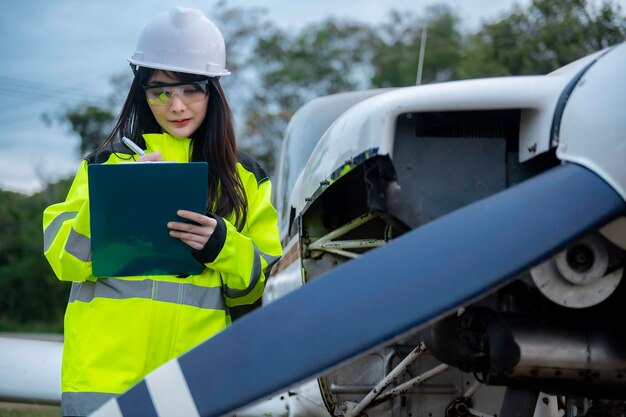 Foto tecnico che ripara il motore dell'aeroplanoingegneria aerospaziale femminile che controlla i motori aeronauticila manutenzione meccanica asiatica ispeziona il motore dell'aereo