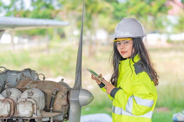 Technician fixing the engine of the airplanefemale aerospace\
engineering checking aircraft enginesasian mechanic maintenance\
inspects plane engine