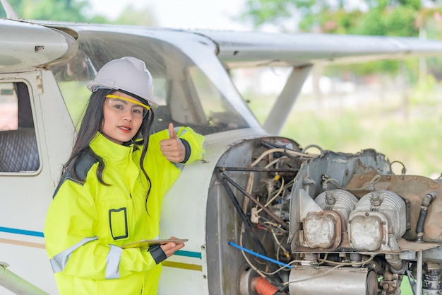 航空機のエンジンを修理する技術者女性の航空宇宙工学は航空機のエンジンをチェックしますアジアの整備士は飛行機のエンジンを検査します