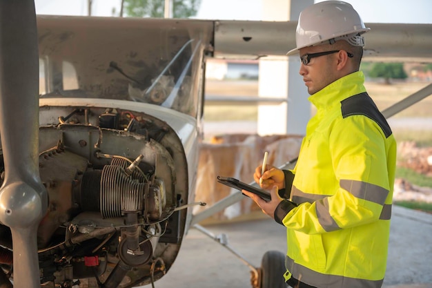 Technician fixing the engine of the airplanefemale aerospace\
engineering checking aircraft enginesasian mechanic maintenance\
inspects plane engine