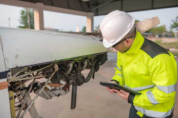 Technician fixing the engine of the airplanefemale aerospace\
engineering checking aircraft enginesasian mechanic maintenance\
inspects plane engine