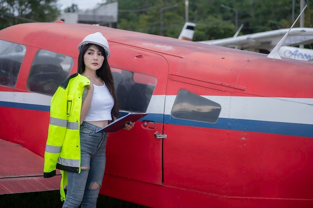 航空機のエンジンを修理する技術者女性の航空宇宙工学は航空機のエンジンをチェックしますアジアの整備士は飛行機のエンジンを検査します