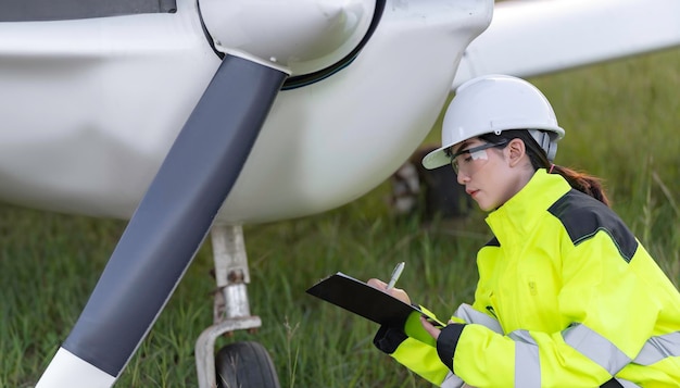 Technician fixing the engine of the airplaneFemale aerospace engineering checking aircraft enginesAsian mechanic maintenance inspects plane engine