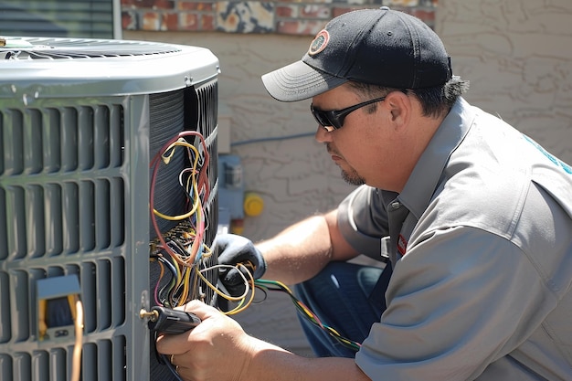 A technician fixing a malfunctioning air conditioner unit illustrating repair skills