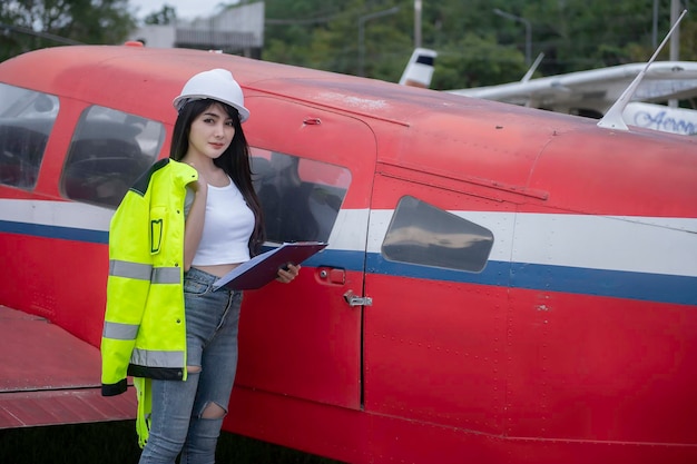 写真 航空機のエンジンを修理する技術者女性の航空宇宙工学は航空機のエンジンをチェックしますアジアの整備士は飛行機のエンジンを検査します