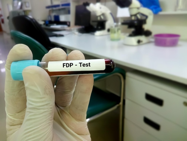 Photo technician hand blood tube for fdp or fibrinogen degradation product test