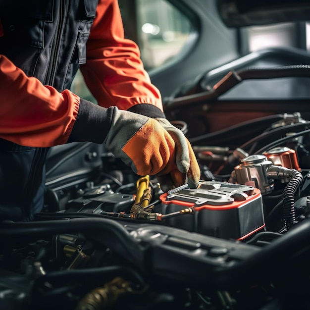 Technician Hands of car mechanic working repair in auto repair Service electric battery Maintenance