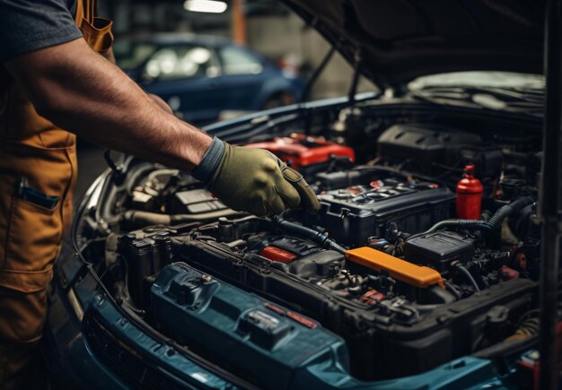 Technician Hands of car mechanic working repair in auto repair Service electric battery