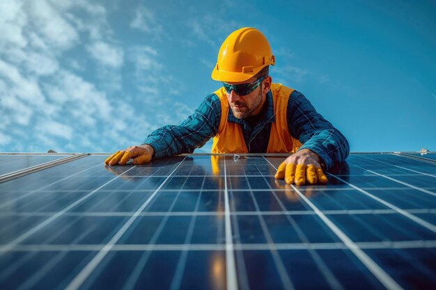 Technician in hard hat and gloves installing solar panels with a clear blue sky in the background