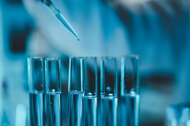 Technician holding tube test in the research laboratory chemists hand taking a solution sample tube from a rack with machines of analysis in the lab Dripping liquid from pipette into tube