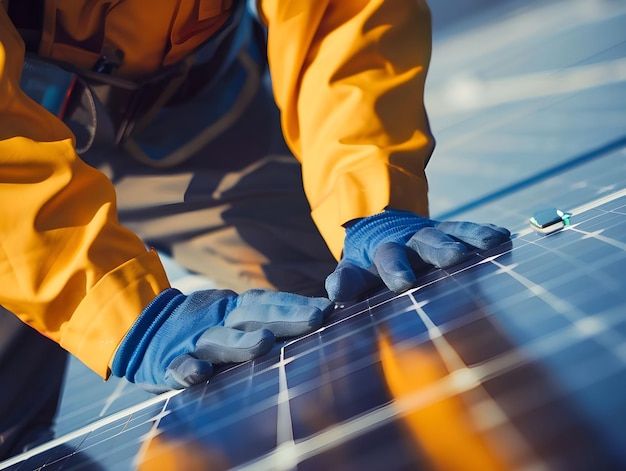 Photo technician inspecting a partially assembled solar panel