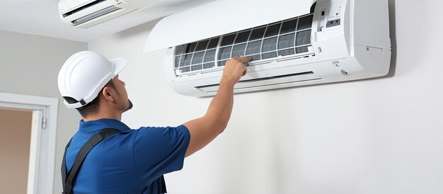 Photo technician installing energy saving measures in the room to conserve power