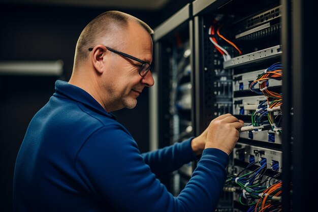 Technician installing a new server component while others watch